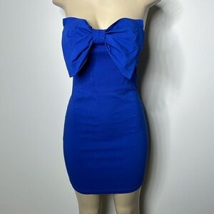 Icon medium blue bodycon dress with bow detail
